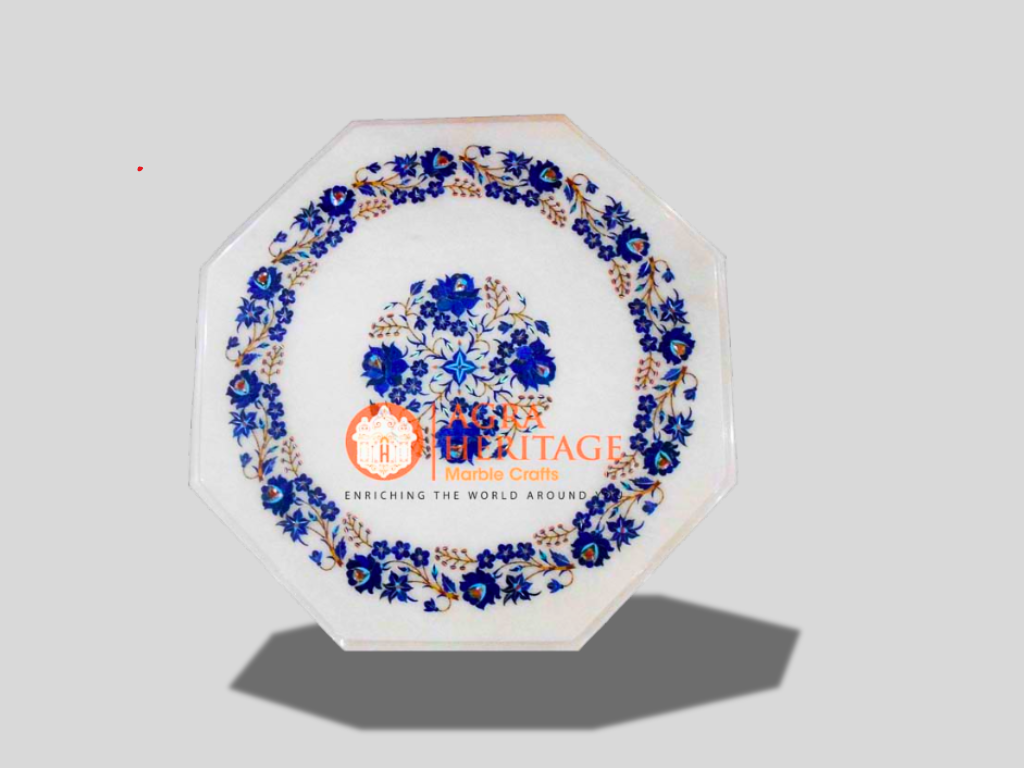 White Marble Lapis Inlay Floral Art Table Top